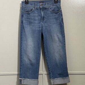 NYDJ Ariel Crop Fray Cuff Blue Denim Jeans Medium Wash Weathered Women's Size 2